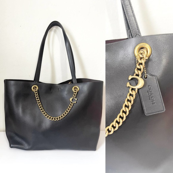 COACH Signature Chain Central Leather Tote Bag in Black - Picture 3 of 12